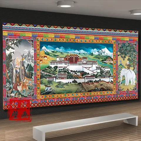 Prodotti personalizzati tibetano Thangka Potala Palace murale Buddha Hall cultura buddista di buon auspicio carta da parati longevità a quattro estremità 3D