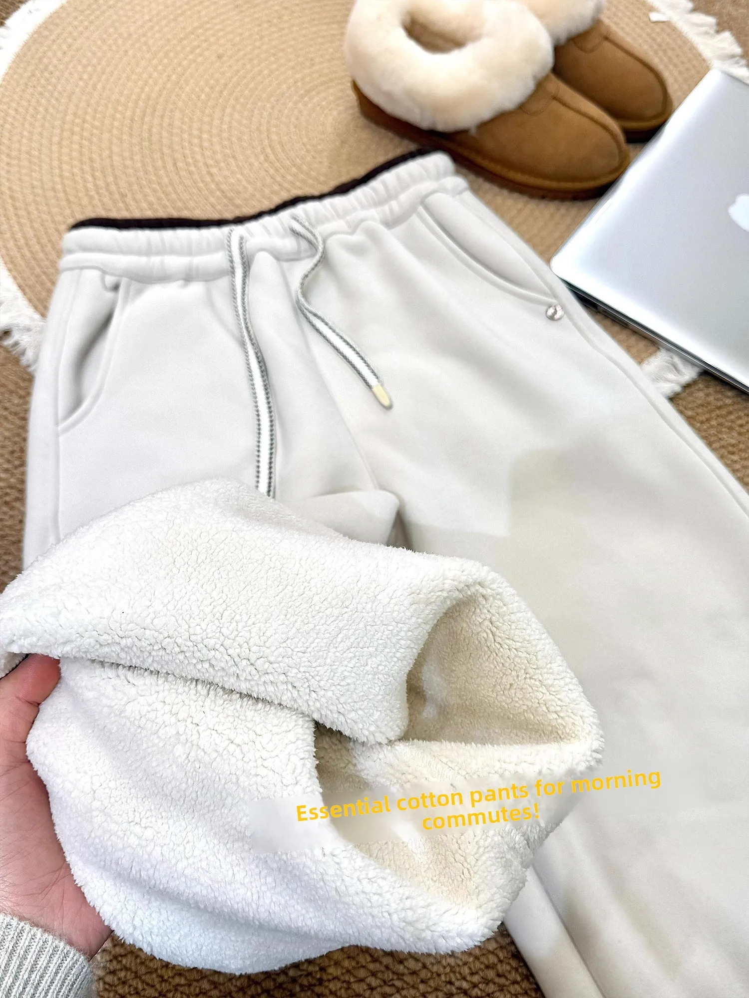 Women's Winter Thickened Fleece Lined Alpaca Wool Wide Leg Pants High Waist Straight Cut Commute Style  Color Pocket Detail