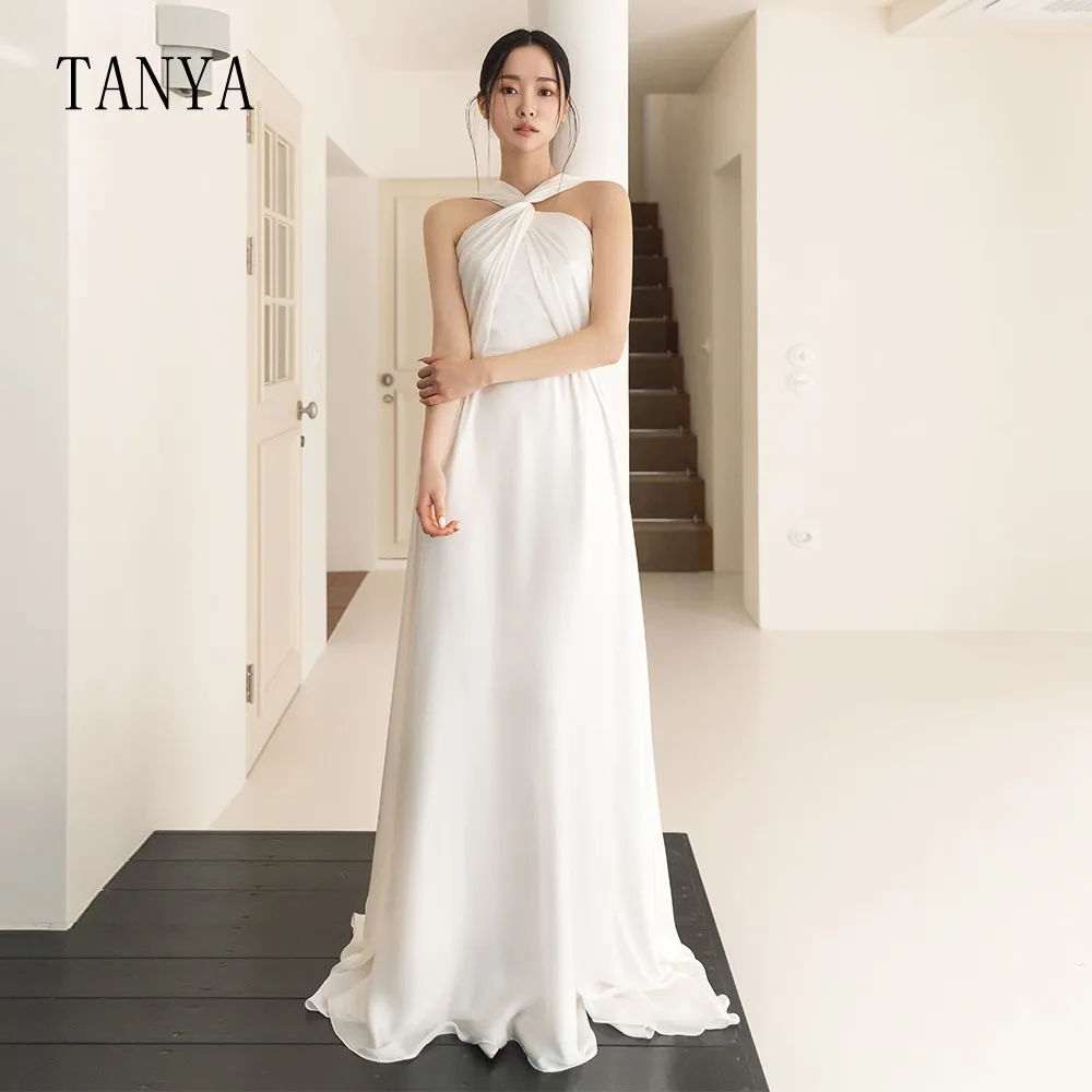 Elegante abito da sposa con scollo all'americana senza maniche una linea lunghezza del pavimento abito da sposa semplice in Chiffon nuovo abito da sposa con cappuccio TSWD323