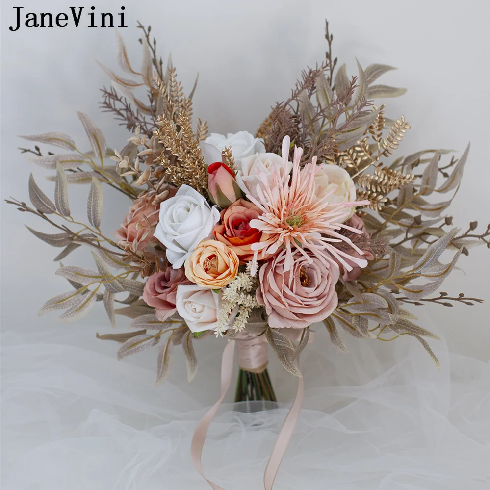 

JaneVini Vintage Champagne Wedding Flowers Bridal Bouquets Artificial Silk Bride Holding Flowers Rose Trouw Boeket Bouquet Fleur