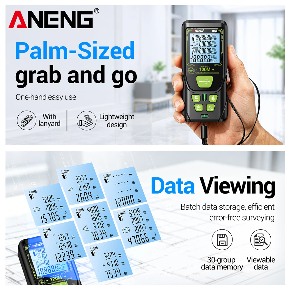 ANENG H120 Digital Laser Rangefinder Distance Meter 120M Laser Area Volume Measure Portable Laser Measuring Instrument Tools