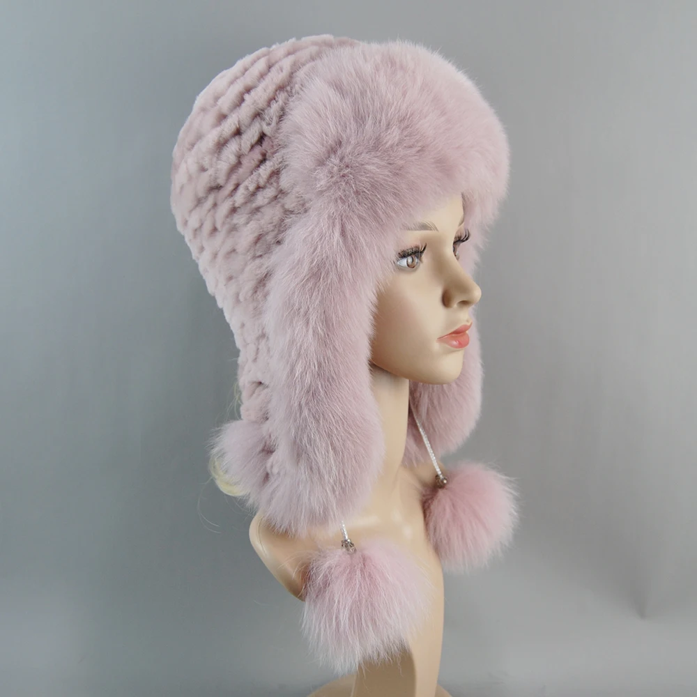 Winter Hats for Women Real Rex Rabbit Fur Elastic Knitted Cap with Fox Fur Fall Bonnets Women's Beanies Hat with Ear Protector