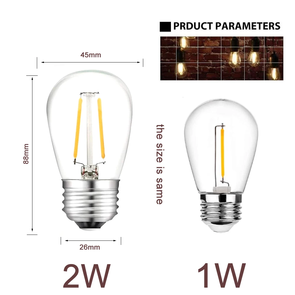 E27 LED S14 Vintage Edison Light Bulbs 3-5V 24V 110V 220V Shatterproof Waterproof 2700K Warm White Outdoor String Light Bulbs
