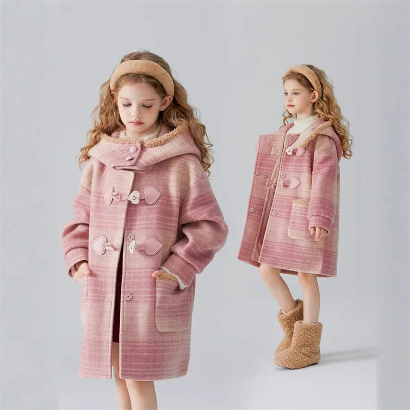 

Girls Woolen Long Jackets Winter Children Plaid Hooded Coats 2025 New Kids Padded Fashion Outerwear Teenager Thickend Overcoat