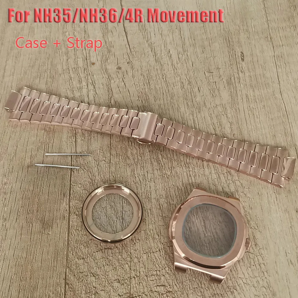 

41mm Sapphire Glass Rose Gold Watch Steel Case Strap Set For Nh35/NH36/4R Mechanical Movement Watch Accessories