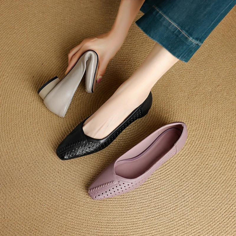 

Women's new leather sheepskin hollow breathable square toe soft and comfortable low order shoes with perforations