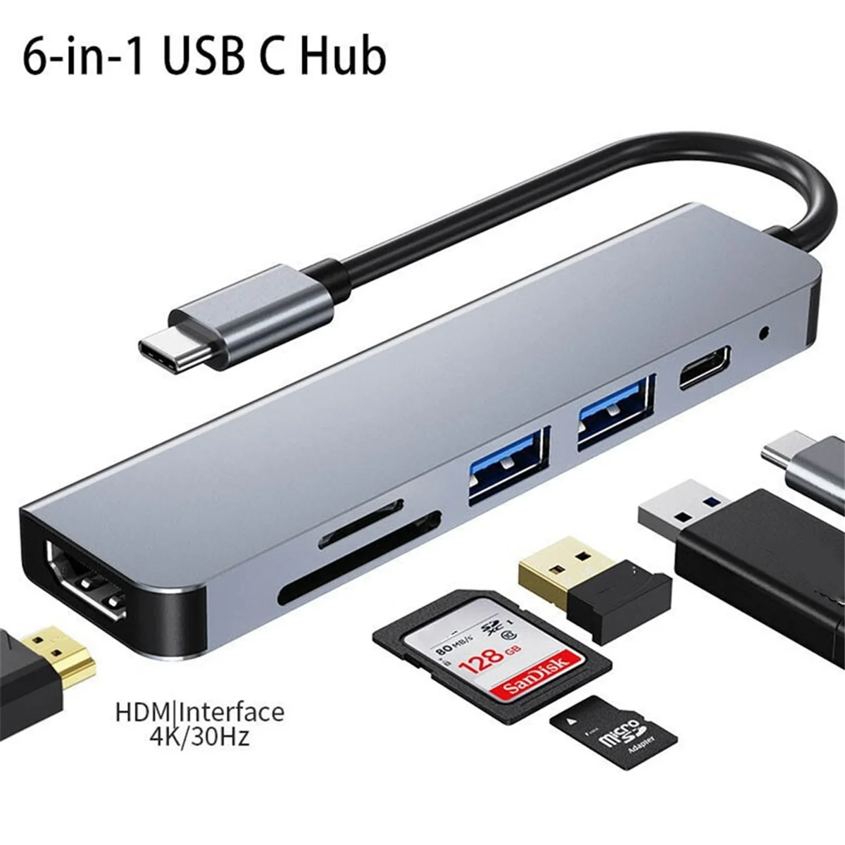 منتج AT59 6 في 1 USB من النوع C Hub متوافق مع HDMI 4K USB 3.0 PD محور شحن سريع إلى إيثرنت Rj45 Lan