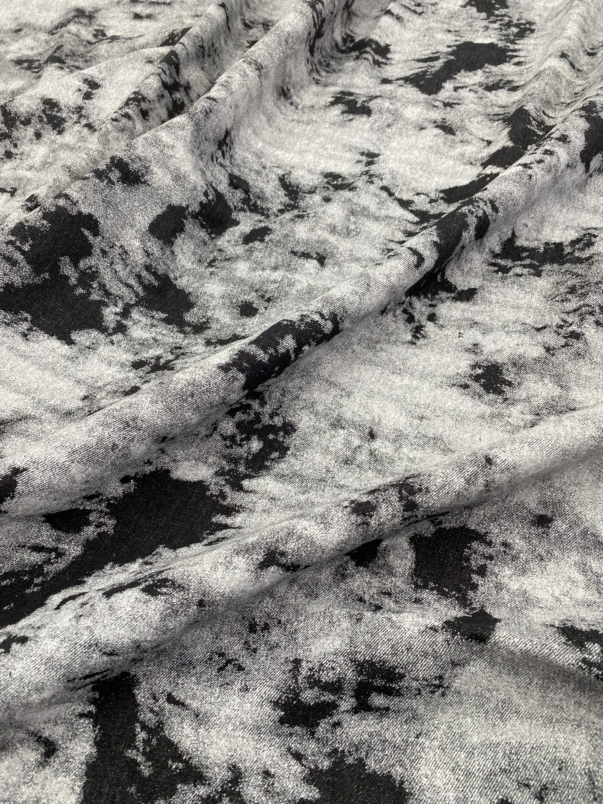 Black White Ink Tie Dye Denim Designer Fabric with Abstract Printed Surface for Jacket Sewing and Reconstructed Street Fashion