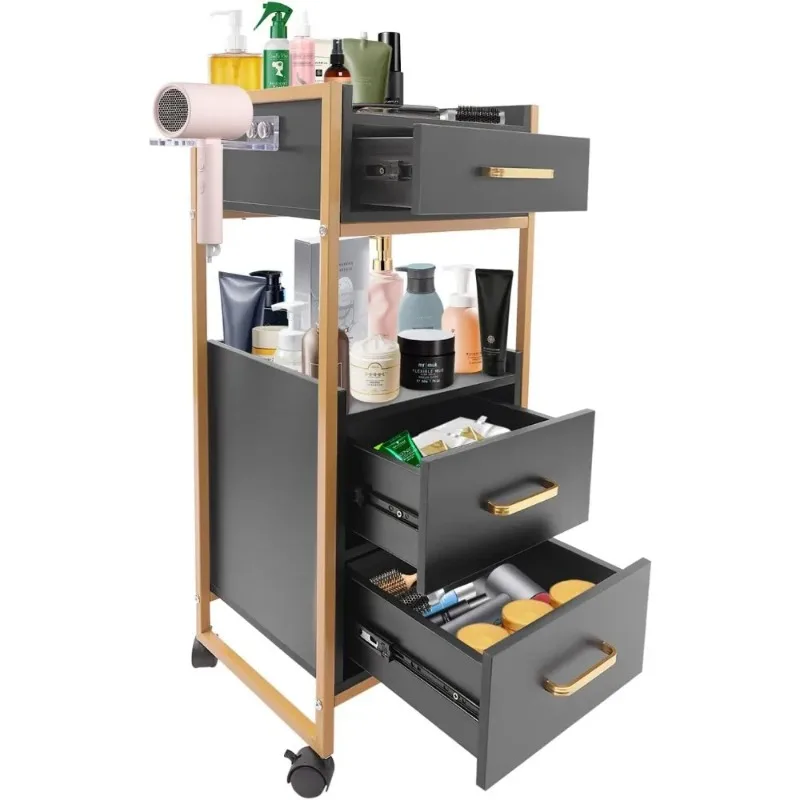 Hair Salon Storage Cart with Wheels Barber Storage Trolley Barber Shop Trolley Cart with Hair Dryer Holder Hairdressing Tools