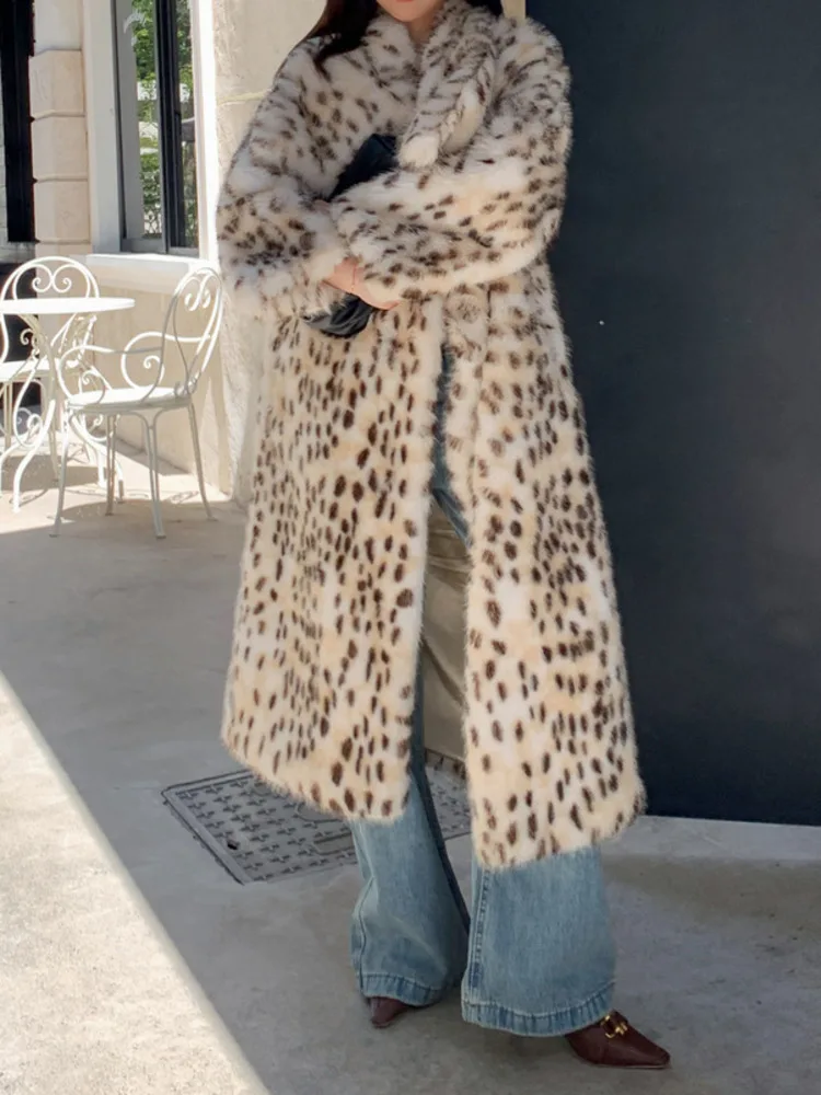 UCXQ Fashion Faux Fur Coat European Style Lapel Cardigan All Match Leopard Print Tide Woven Long Jacket Women 2024 Autumn Winter