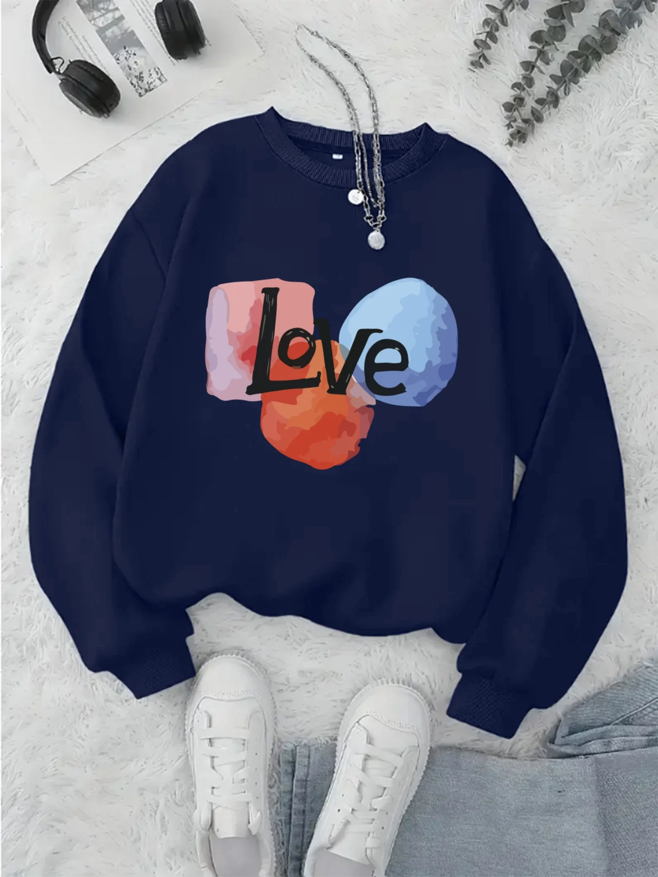 

Women's Tropical Floral Print Sweatshirt - Navy Blue with Colorful Flowers, Relaxed Fit Round Neck Pullover for Everyday