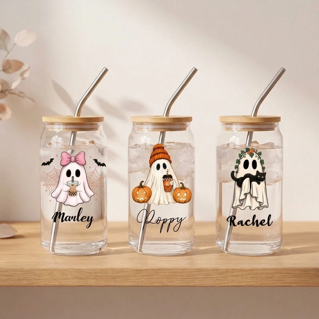 2026 New Halloween Ghost Glass Cup Custom Name Bamboo Lid Glass Tumbler with Metal Straw Spooky Ghost Pumpkin Party Favor Gift.