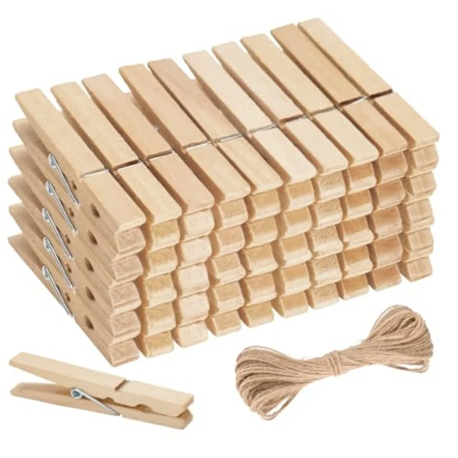 

Clothes Pins Wooden - Large Clothes Pins for Crafts, 2.9'' x 50 Pcs Clothespins Clips with Jute String for Hanging Pictures, Ph