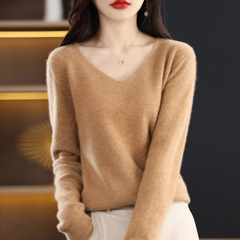 100% pure wool 2024 autumn and winter new cashmere sweater women's V-neck pullover fashion solid color long sleeve pullover