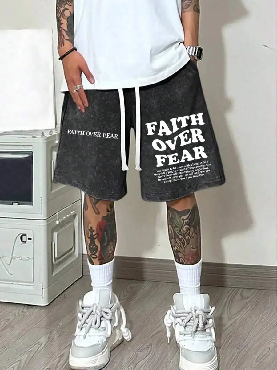 

Mens Cotton Washed Vintage Shorts With Faith Over Fear Print Adjustable Drawstring Waist Loose Fit Knee Length
