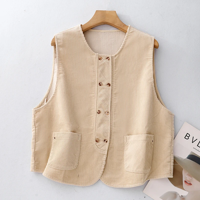 

Corduroy ort Jaet Vest Women's Spring Autumn Commute Versatile Svel Outerwear Top round Ne Double Button Cotton P...