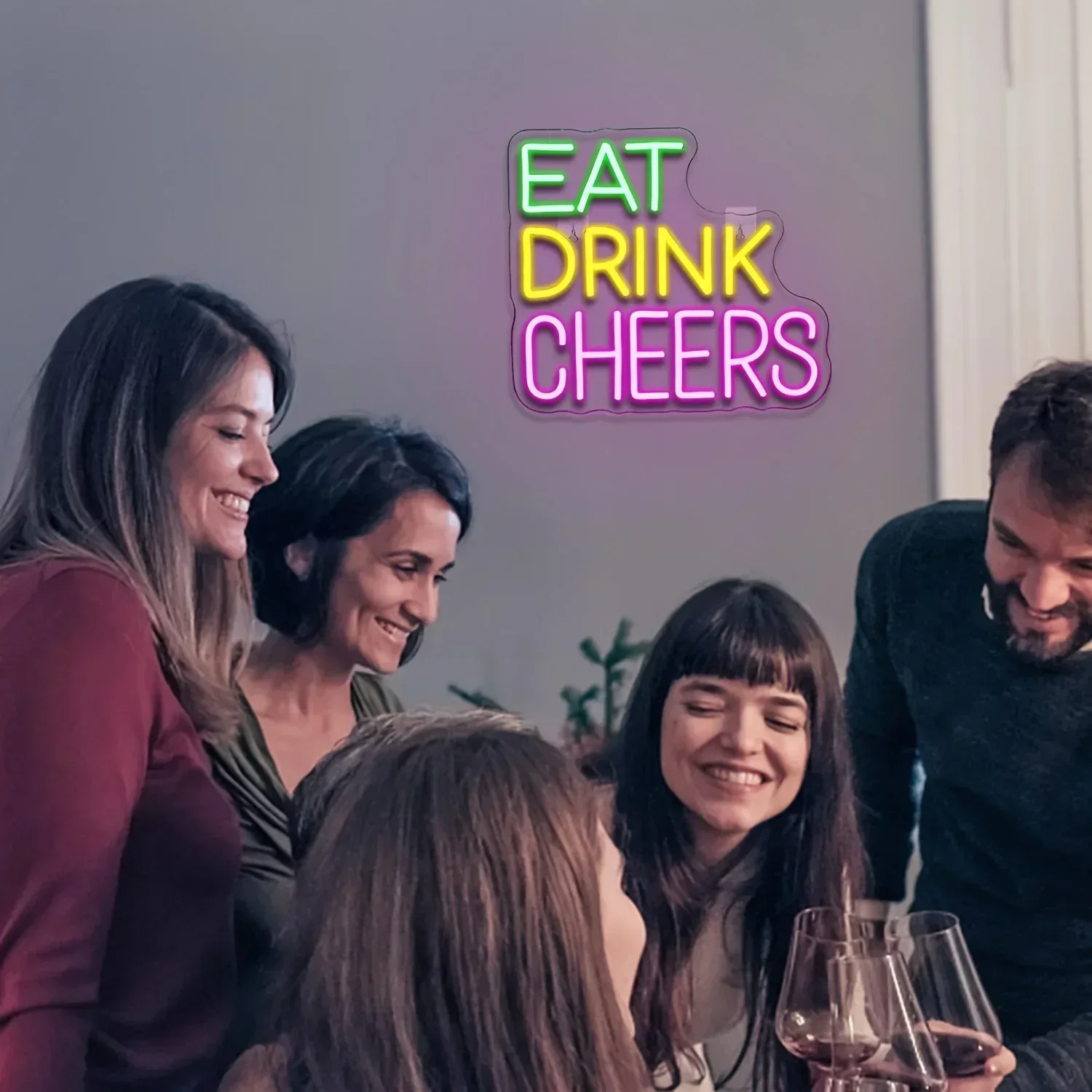 Eat Drink Cheers Neon Sign Colorful Lettering LED Wall Art Acrylic USB Powered Dimmable Light For Kitchen Bar Party Decor
