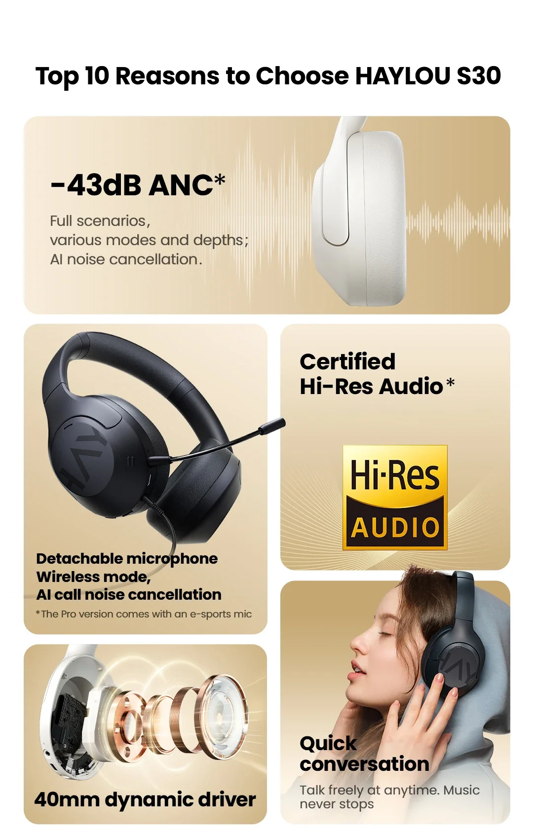 Haylou S30 Wireless Bluetooth 5,4 Kopfhörer 43db Adaptive Noise Cancel ling Headsets 40mm Treiber 80h Playtime Ohrhörer – Detail 2