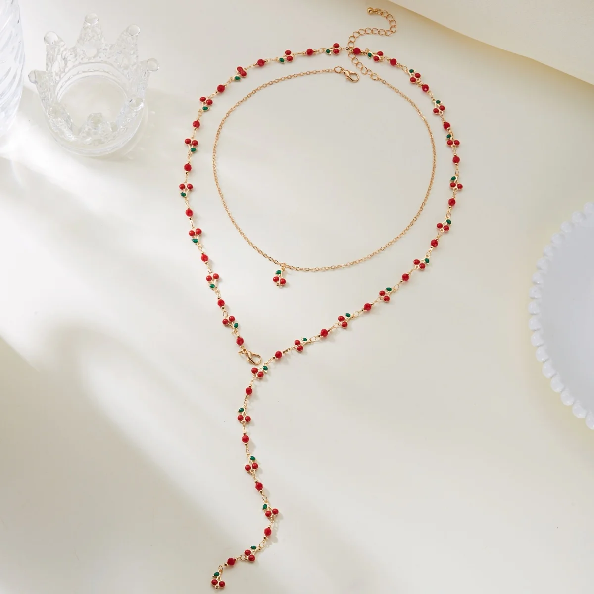 Mehrschichtiger roter Kirschherz-Schal, Y-förmige lange Halskette für Damen und Herren, süße Erdbeerblume, künstliche Perlen-Choker-Schmuckstücke – Detail 22