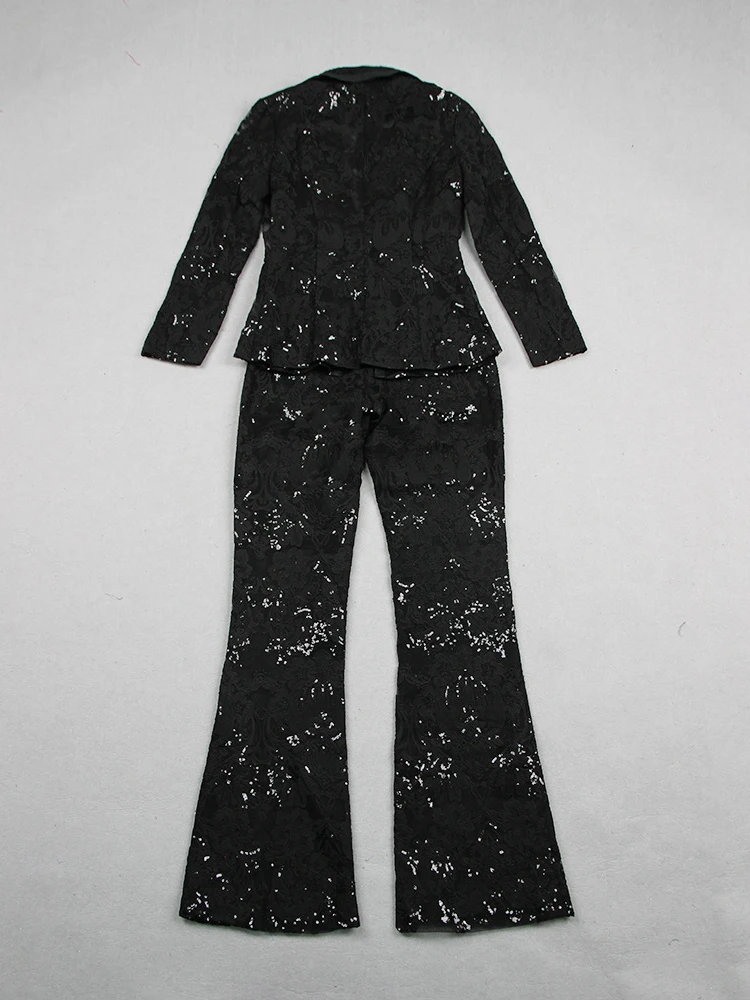 HIGH STREET Newest 2024 Designer Runway Suit Set Women\'s Single Button Guipure Lace Blazer Flare Pants Set