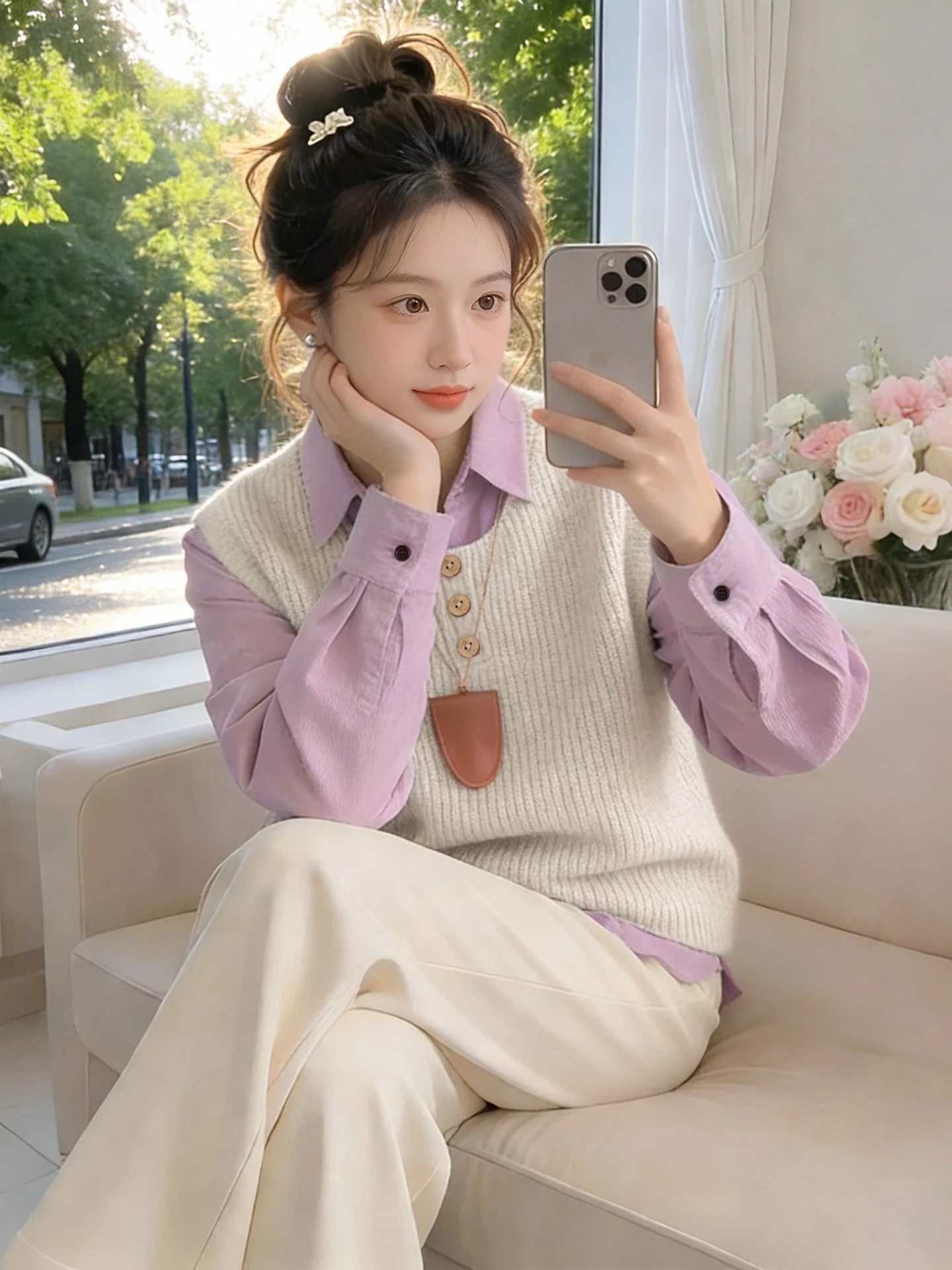 

Purple Corduroy Knitted Shirt And Vest Set Women's Fashionable Commute Outfit Straight Cut Long Sleeve Button Detail Commute ...