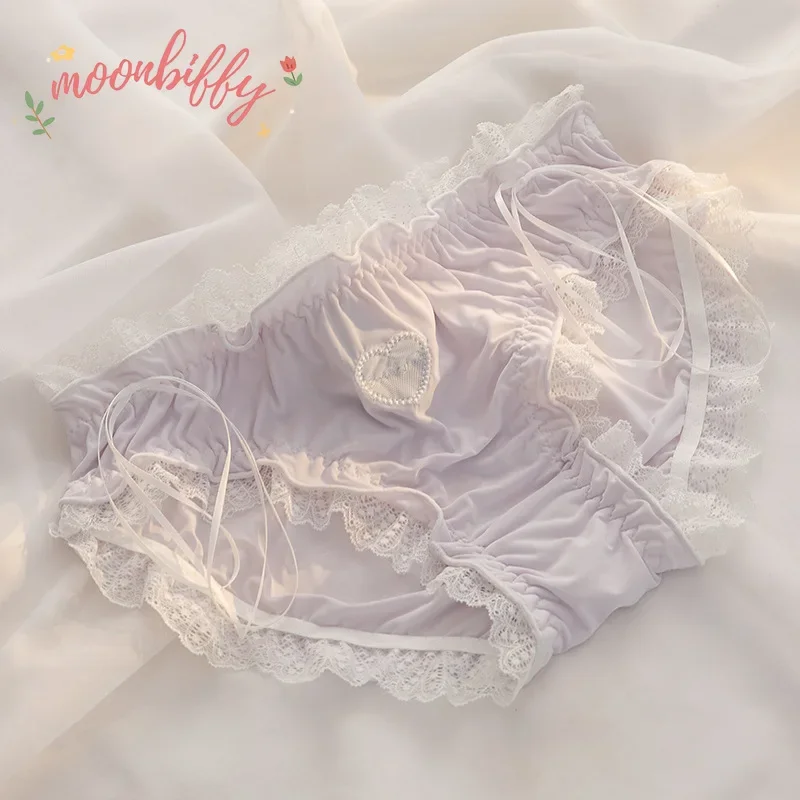 Cute Lolita Love Lace Girl Underwear Summer Thin Ice Silk Wrap Buttock Section Sexy Cool Cotton Sexy Breathable Women Briefs