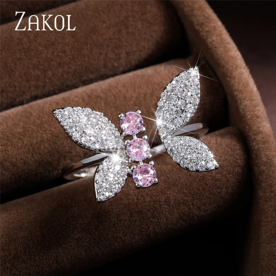 ZAKOL Shiny Micro Pave Zirconia Butterfly Ring for Women Fashion Pink Green Crystal CZ Engagement Ring Wedding Jewerly