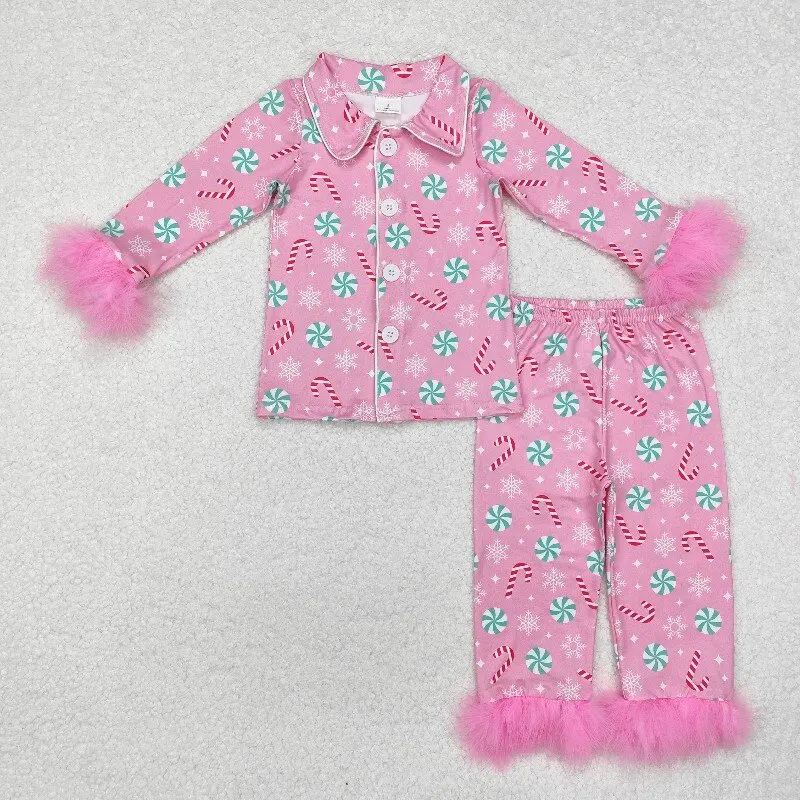 10.11y Candy Pink Print Girls Christmas Buttons Fur Pajamas Clothes Set Wholesale  Boutique Factory Price High Quality Girls O