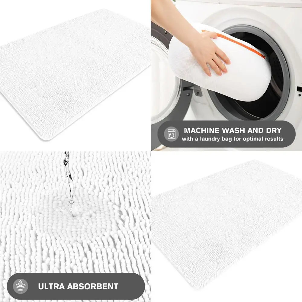 

Large 36x60 Chenille Bath Mat - Thick, Absorbent, Washable Non-Slip Rug for Bathroom & Shower (White)
