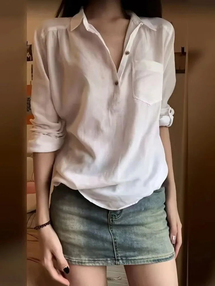 

Autumn Office Solid Single Breasted Blouses 2025 Women Clothing Turn Down Collar Fashion Shirts Korean Loose Pocket Elegant Tops