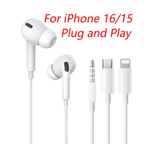 Three Generations Wired Headphones For iPhone17 16 15 14 13 12 IPad in-Ear Earphones Lightning USB-C 3.5mm Phone Accessories