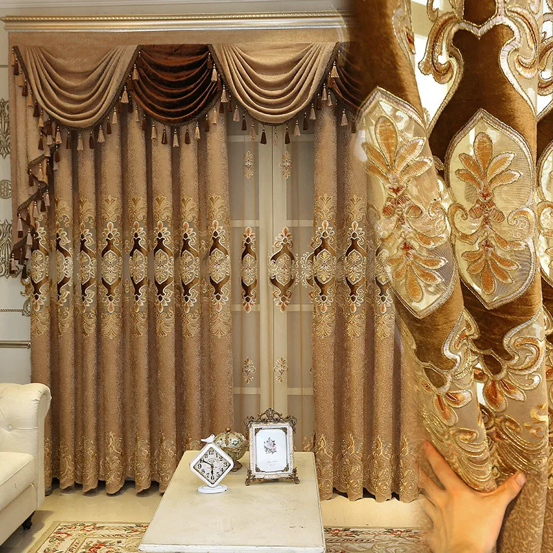 

Custom curtain living room water-soluble hollow embroidery coffee chenille cloth blackout curtain tulle valance drape C1470