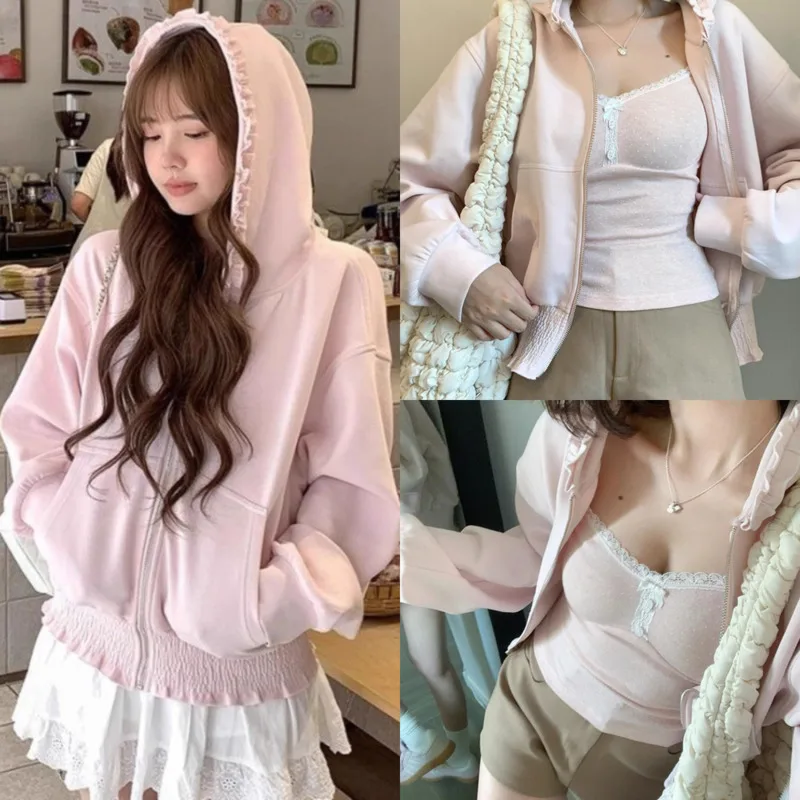 Lace Y2K Pink Hoodie Sweet Women Ruffle Hooded Sweatshirt Korean Fashion Loose Top Spring Autumn Casual Streetwear Jacket New