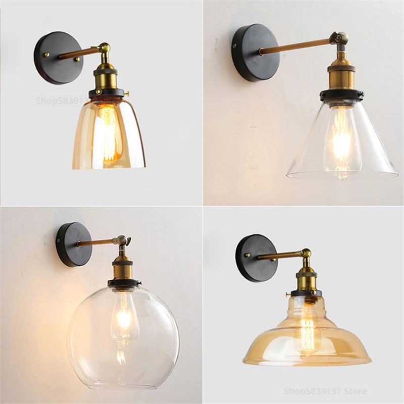 American Wall Lamps Industrial Vintage Loft Style Wall Light for Bedside Wall Sconce Glass Iron Art Edison E27 Lighting Fixtures