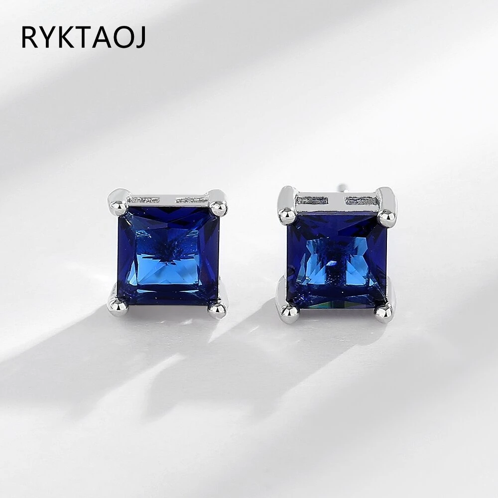 925 Sterling Silver Multi‑Color Princess Cut CZ Stud Earrings for Women Square Cubic Zirconia Ear Studs Fine Jewelry Daily Gift