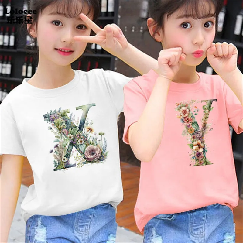 

26 Floral alphabet A-Z font classic t shirt summer Fashion Harajuku Kawaii TShirt Kids Top Tees