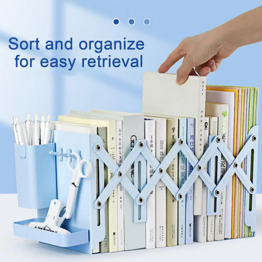 Retractable Bookends with 3 Dividers Metal Book Ends Expandable Heavy Book Storage Rack Removable Pen Holder Tray Bookshelf