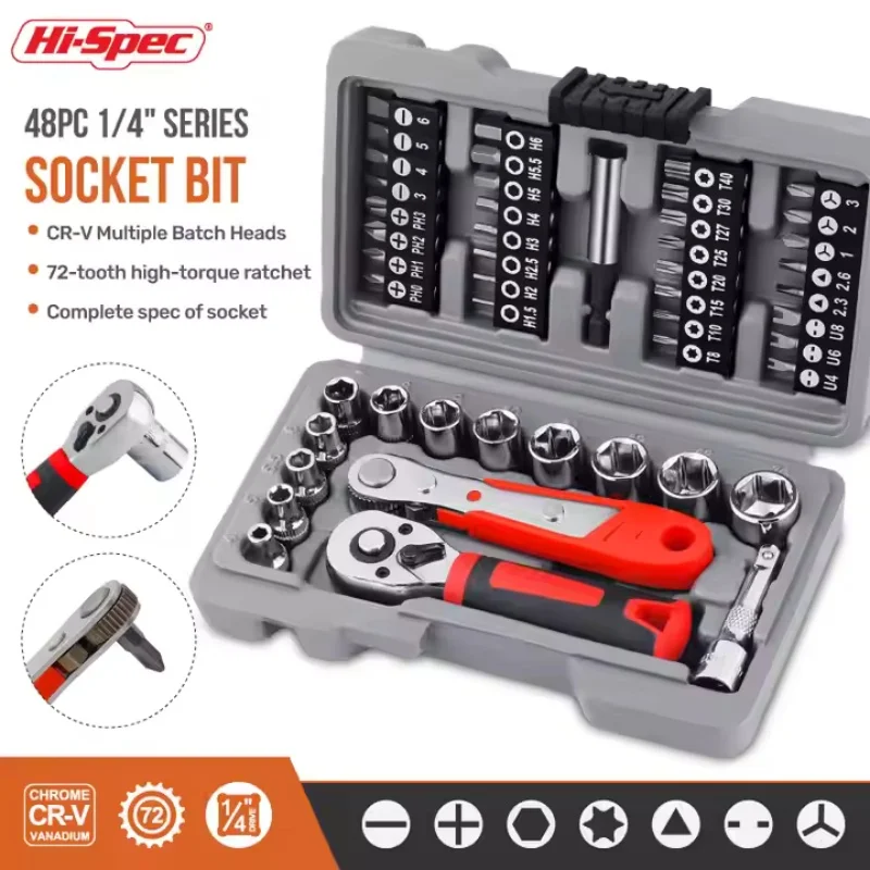 High specification 1/4 drive ratchet socket wrench set with 48 pieces of socket batch head tool set and metric car repair tools