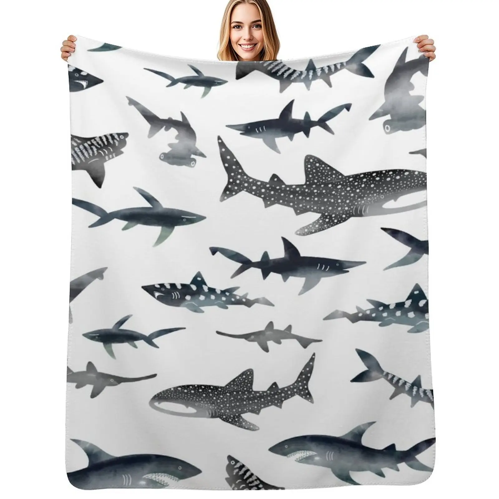 Sharks! Sharks! Sharks! Dark Ocean Watercolour Throw Blanket Camping Bed Comforter wednesday Blankets