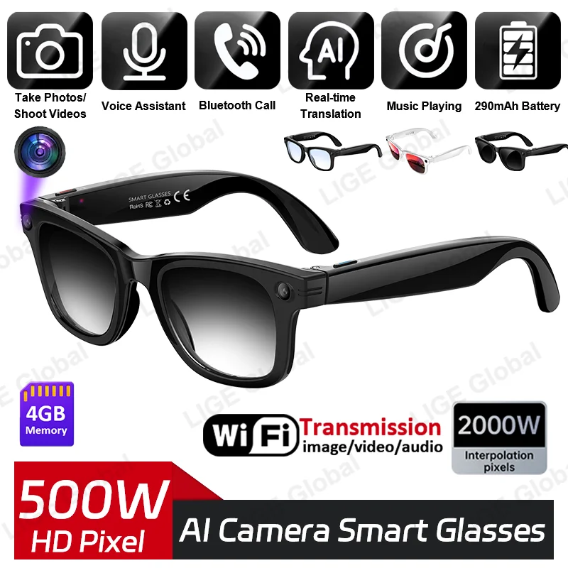 LIGE 5MP HD كاميرا نظارات ذكية فيديو 290mAh التحكم الصوتي الدردشة مكالمة AI التعرف على الترجمة النظارات الشمسية العدسات اللونية
