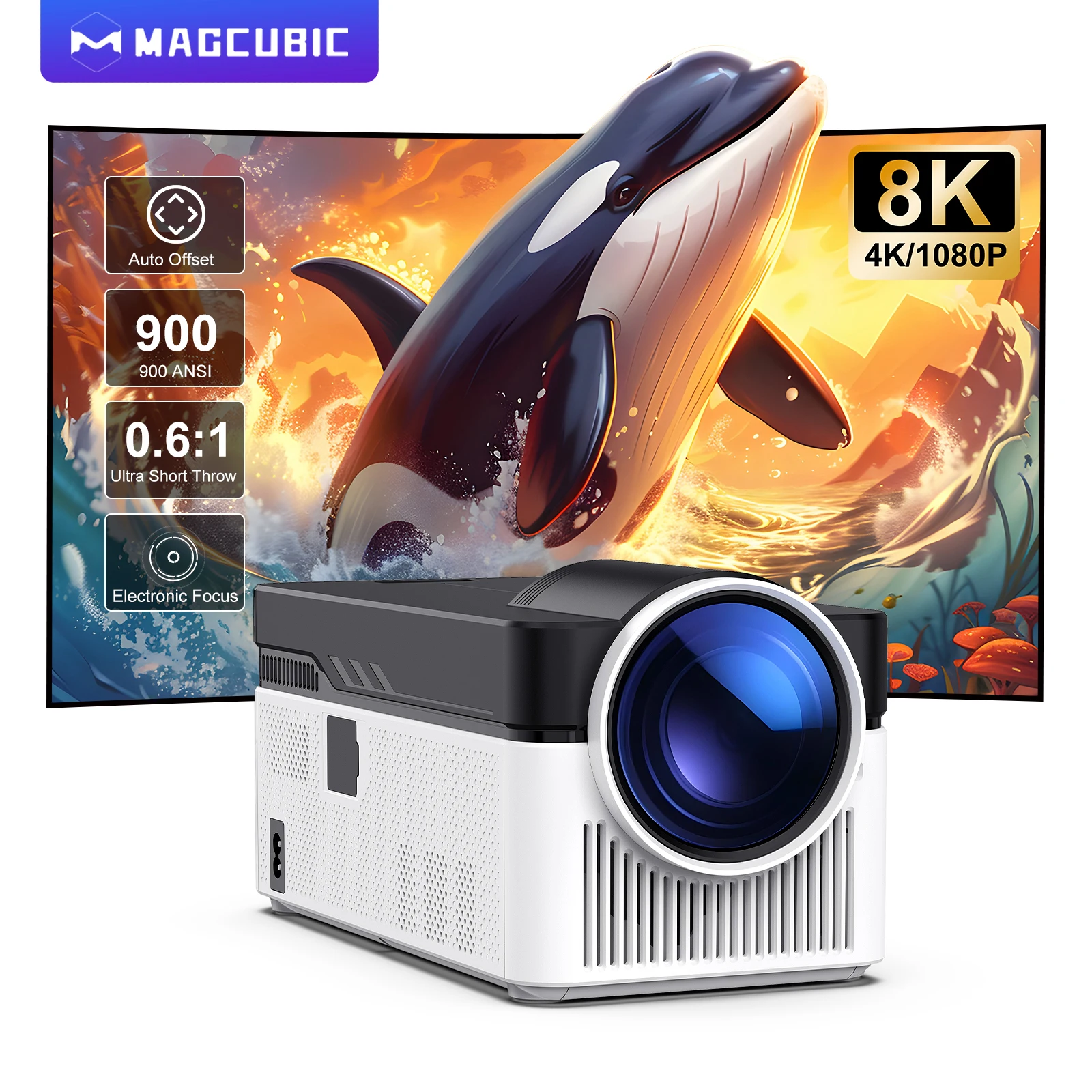 Projecteur Magcubic HY450 900 ANSI avec ultra courte focale, correction automatique, 1080P 8K, mise au point électronique, Air Mouse, assistant vocal H716