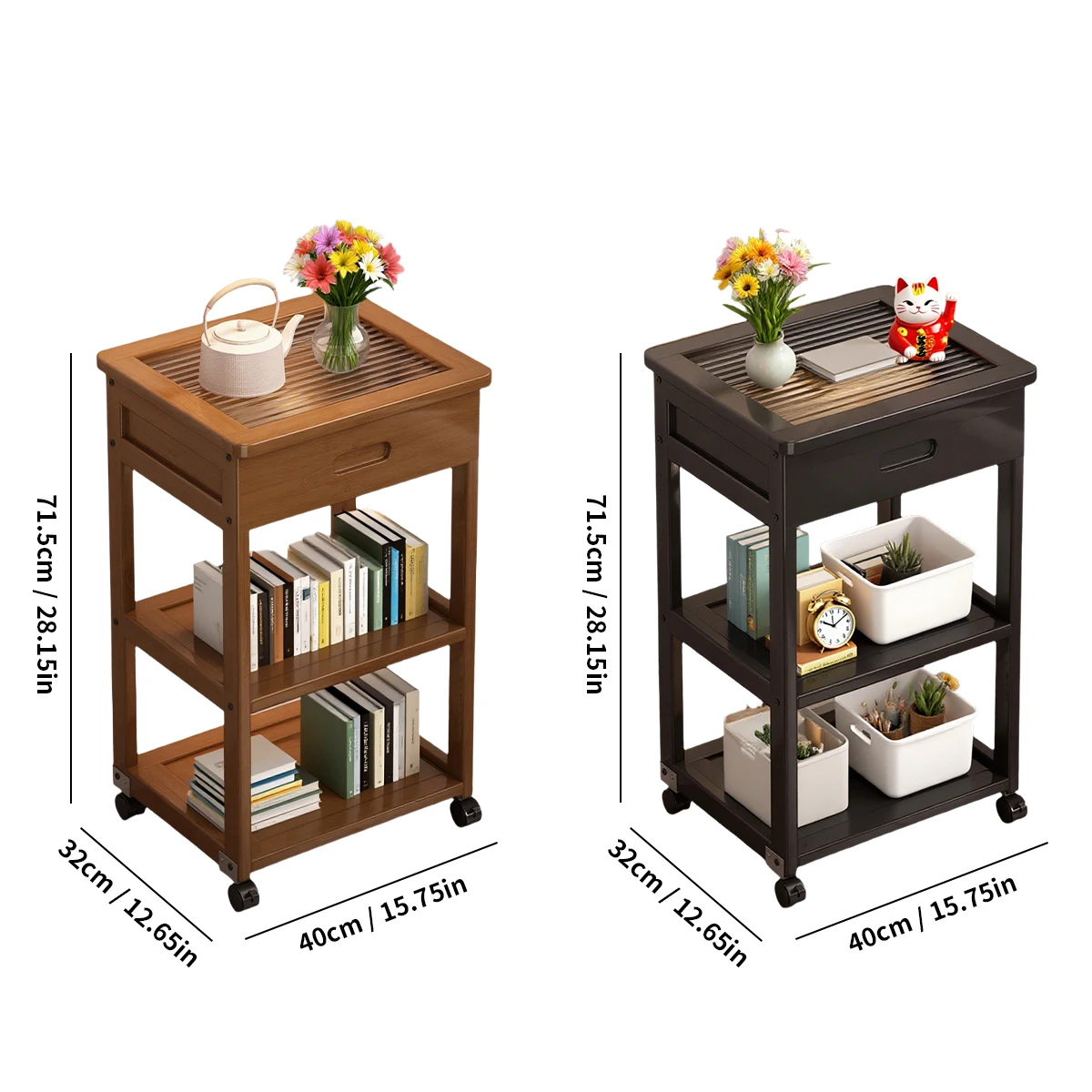 Modern Minimalist 4-Tier Bamboo Glass Cart with Pull-Out Drawer & Wheels, Boho Mid-Century Bedroom/Living Side Table for Small S