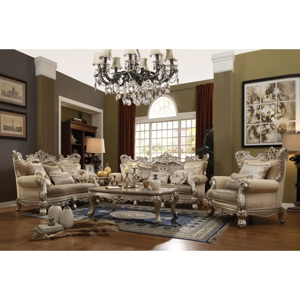 Ranita Luxurious Living Room Sofa,Fabric & Champagne Finish,Frame Hardwood,Royal Traditional  Sofa &Chair& Loveseat with Pillows