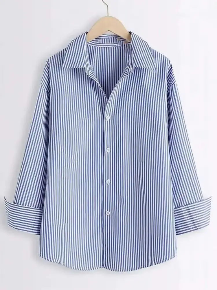 قميص نسائي صيفي غير رسمي بياقة فضفاضة مخطط قميص كوري جديد أنيق للمكتب للسيدات بأكمام طويلة قميص علوي كبير الحجم #6