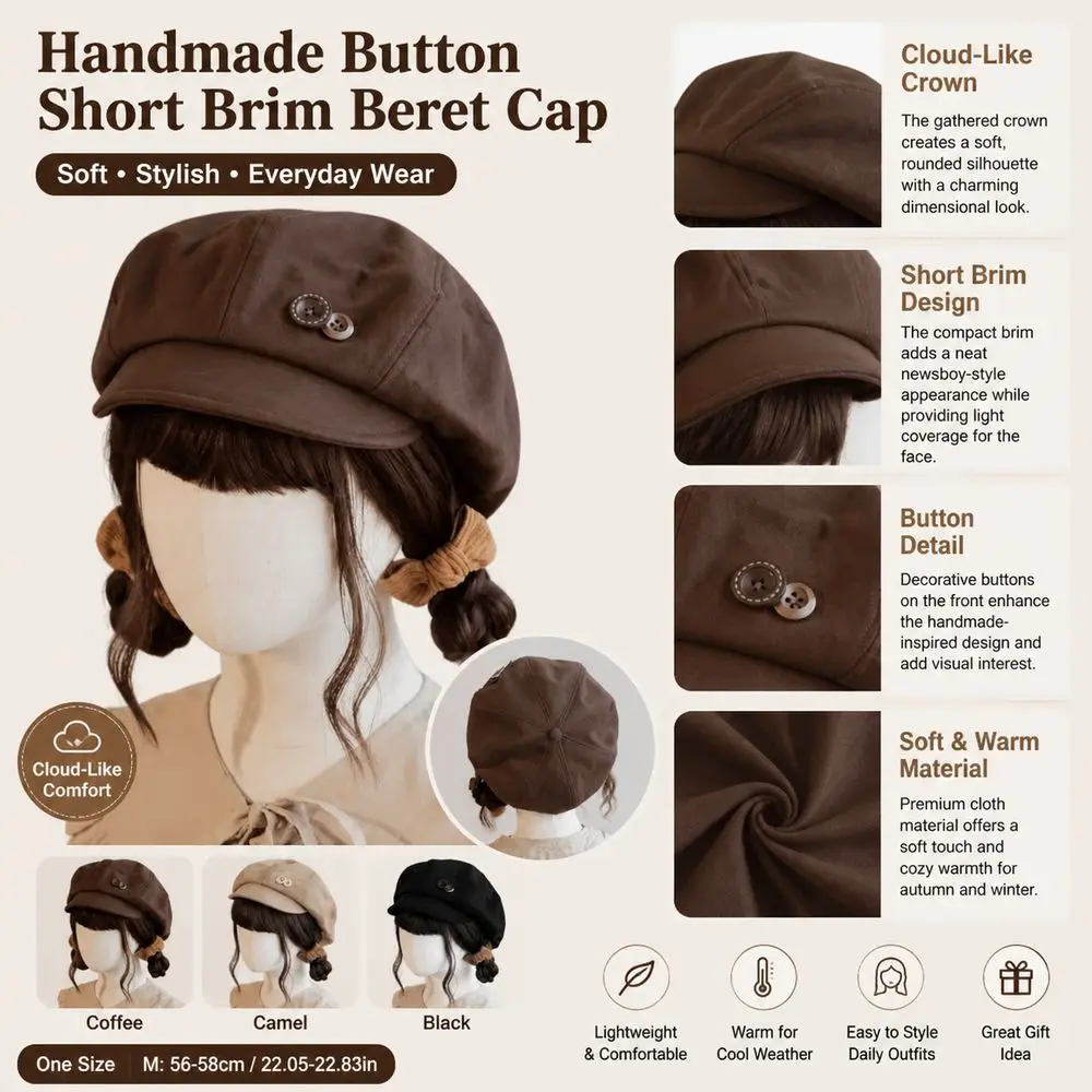 New Handmade Beret Cap Button Women's Beret Short Brim Hat Warm Style Cloud-Like Hat Women's Headwear