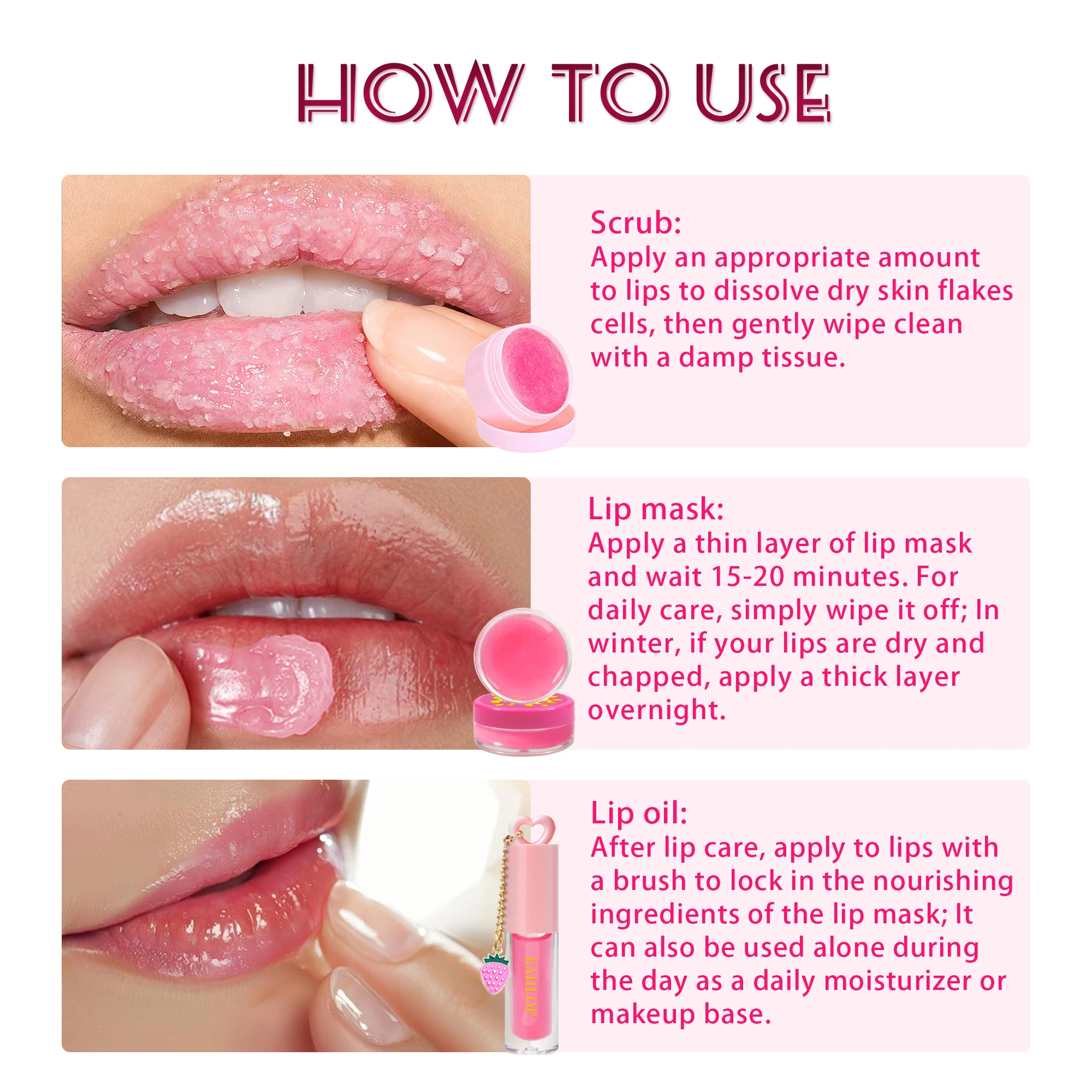 Set per la cura delle labbra da 3 pezzi/Maschera per labbra/Olio/Scrub, Colorato, per linee e imperfezioni delle labbra, idratante e lucida, cosmetici per la cura delle labbra