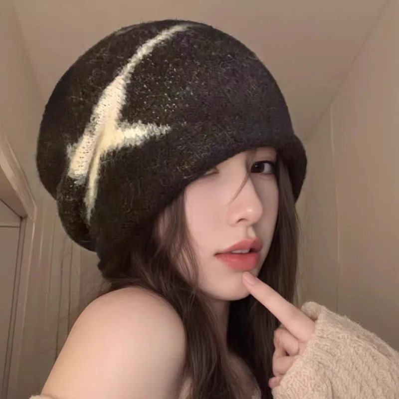Women Y2K Five‑Point Star Jacquard Slouchy Beanie Hat Loose Roll Brim Knit Cap Soft Warm Vintage Autumn Winter Casual Headwear