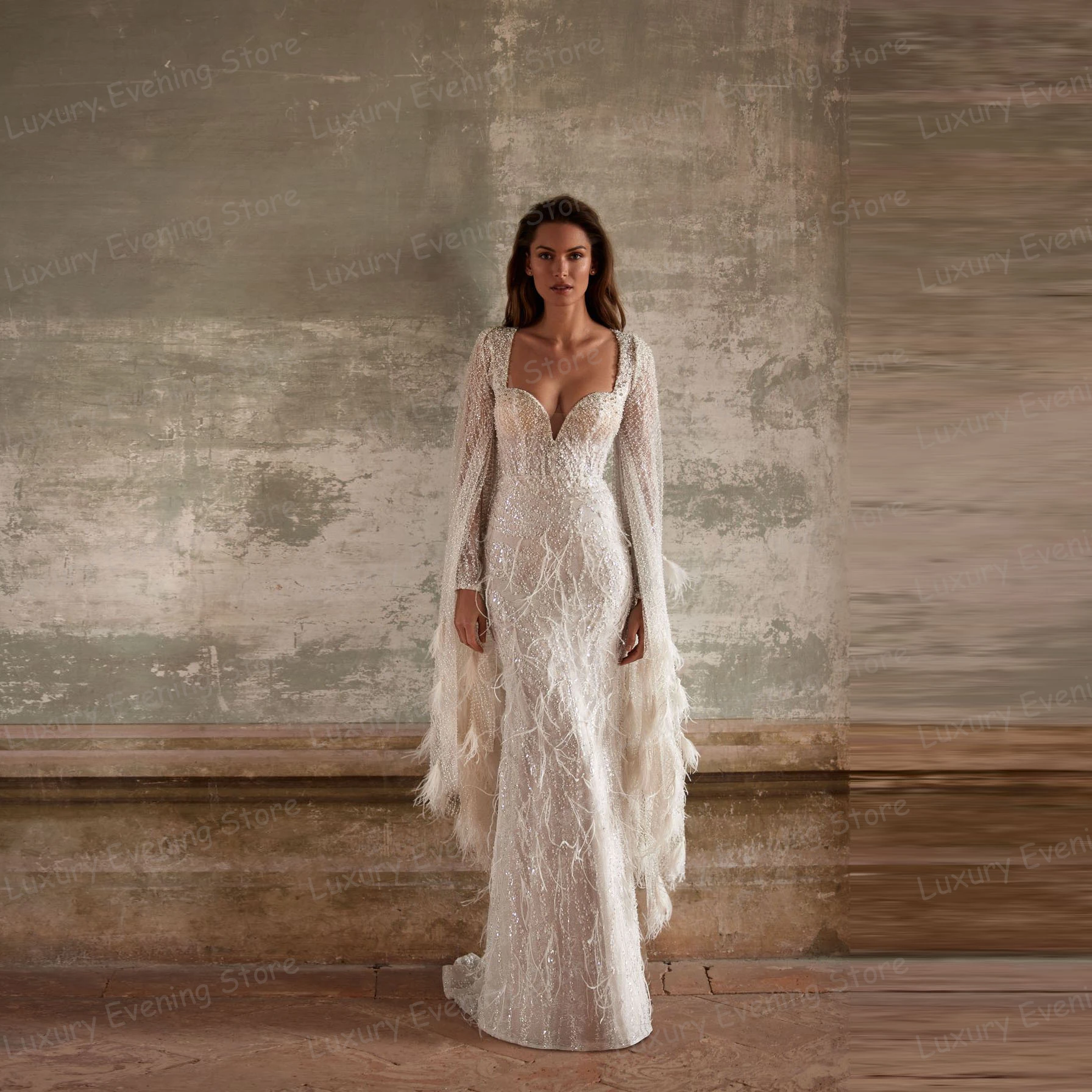 Simple Appliques Wedding Dresses Woman's Bride Gowns Sexy Lace Shawl Party Long Sleeve Classic Vestidos De Noche Customized 2027