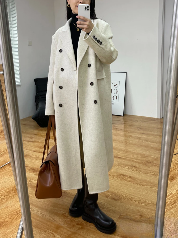 

High-end Simple Double-sided Wool Cashmere Coat Double-breasted Long Wool Coat Women Straight Fashion Tweed Jacket Autumn Winter