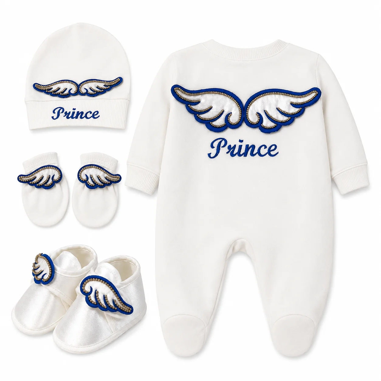 Royal Prince Infant Boy 4Pcs Clothing Set 3D Applique Wing Footed Jumpsuit Hat Mittens Satin Soft Shoes Baby Shower Gift